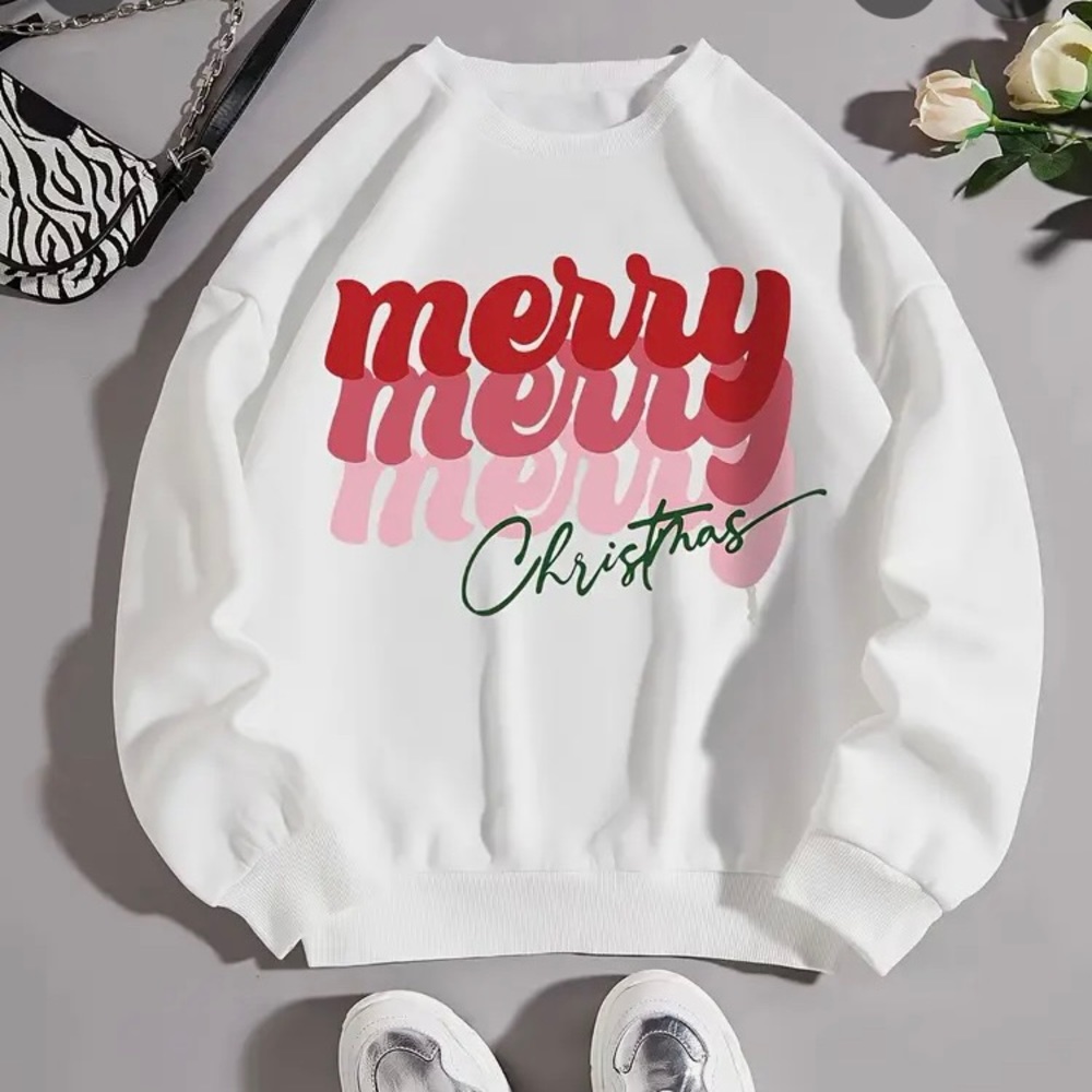 Women’s S/M White Holiday Crewneck Merry Christmas Print Unisex Small NEW